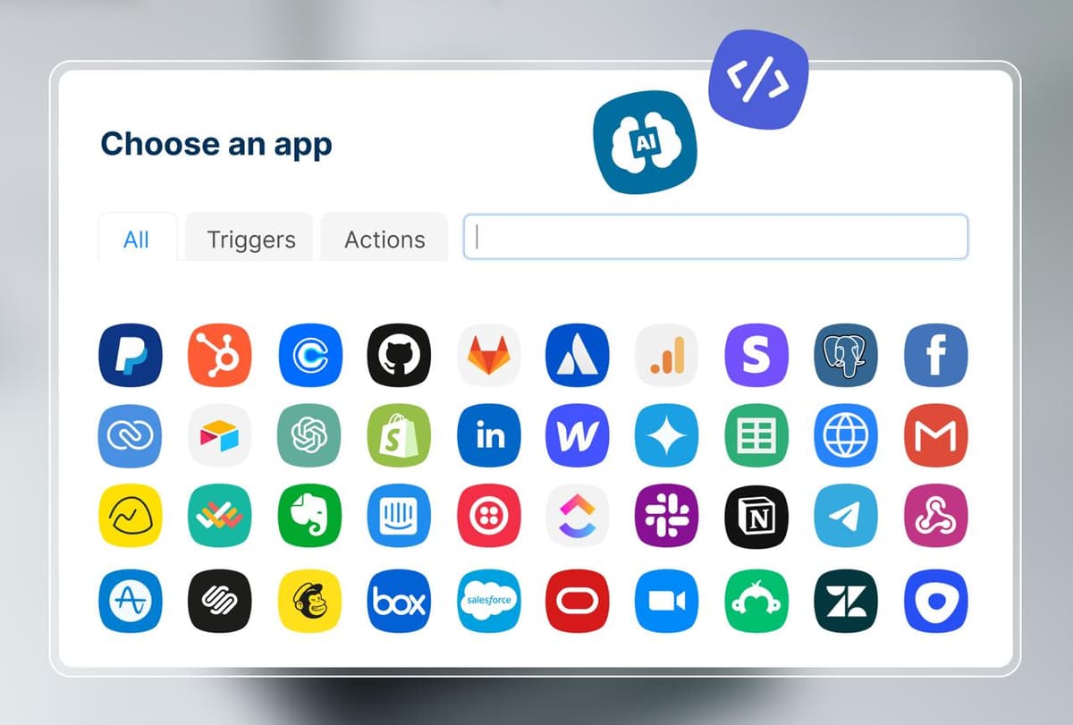 Latenode integrations picker showing 600+ apps including PayPal, HubSpot, GitHub, Shopify, LinkedIn, Slack, and more
